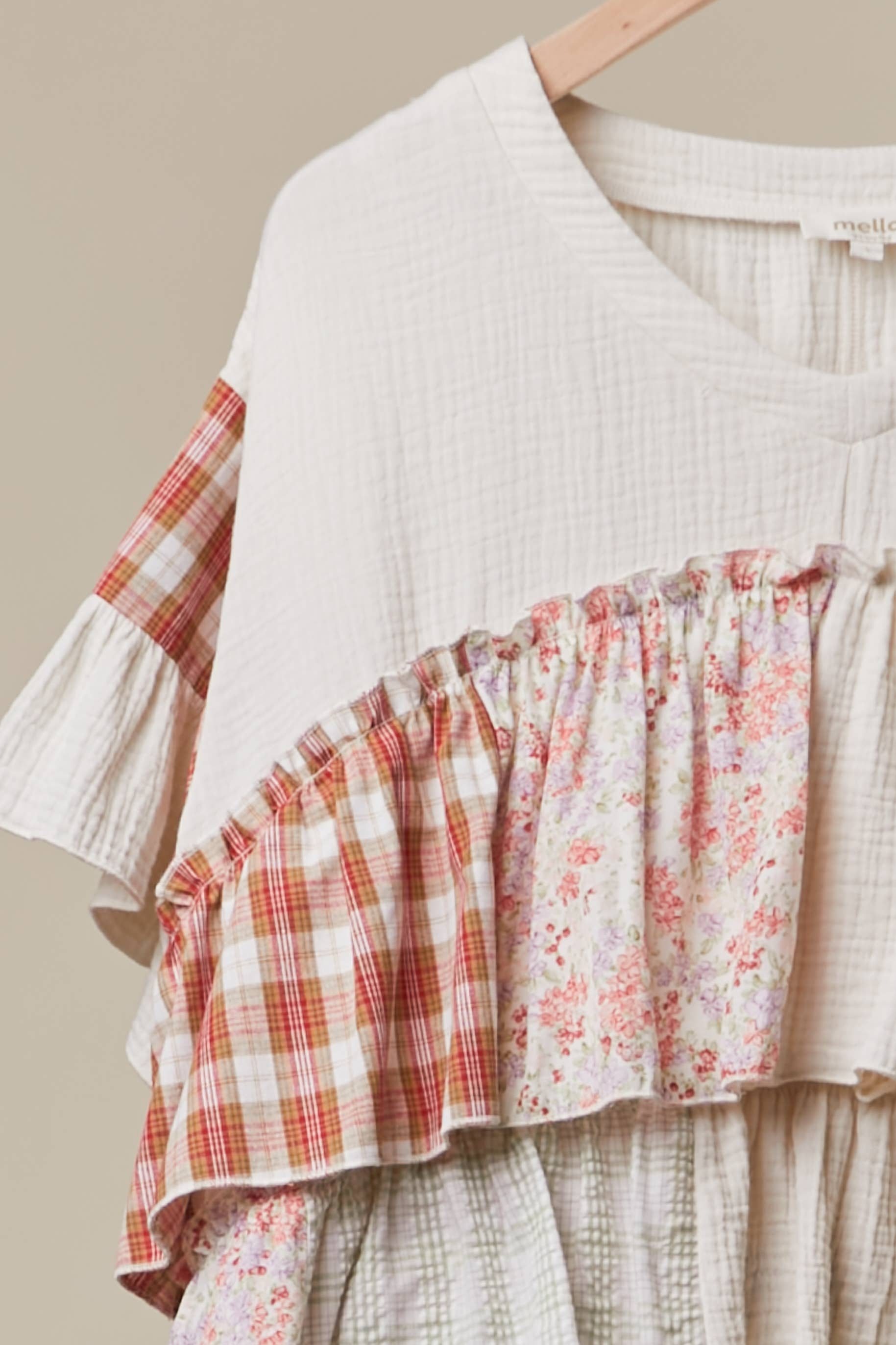 Vintage Patchwork Ruffle Hem Top