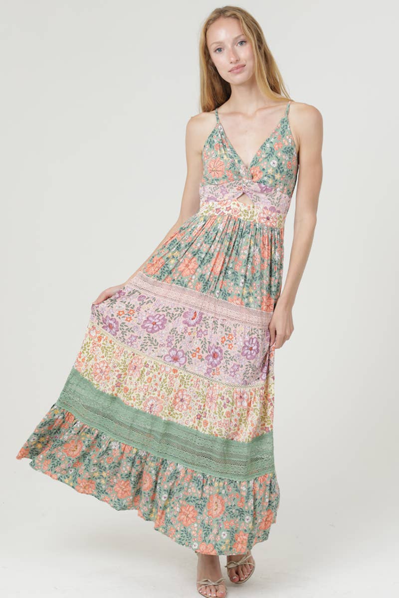 C4D77-WA34 MIXED PRINT LACE TRIM TWIST FRONT MAXI DRESS