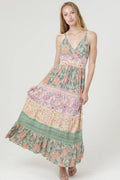 C4D77-WA34 MIXED PRINT LACE TRIM TWIST FRONT MAXI DRESS