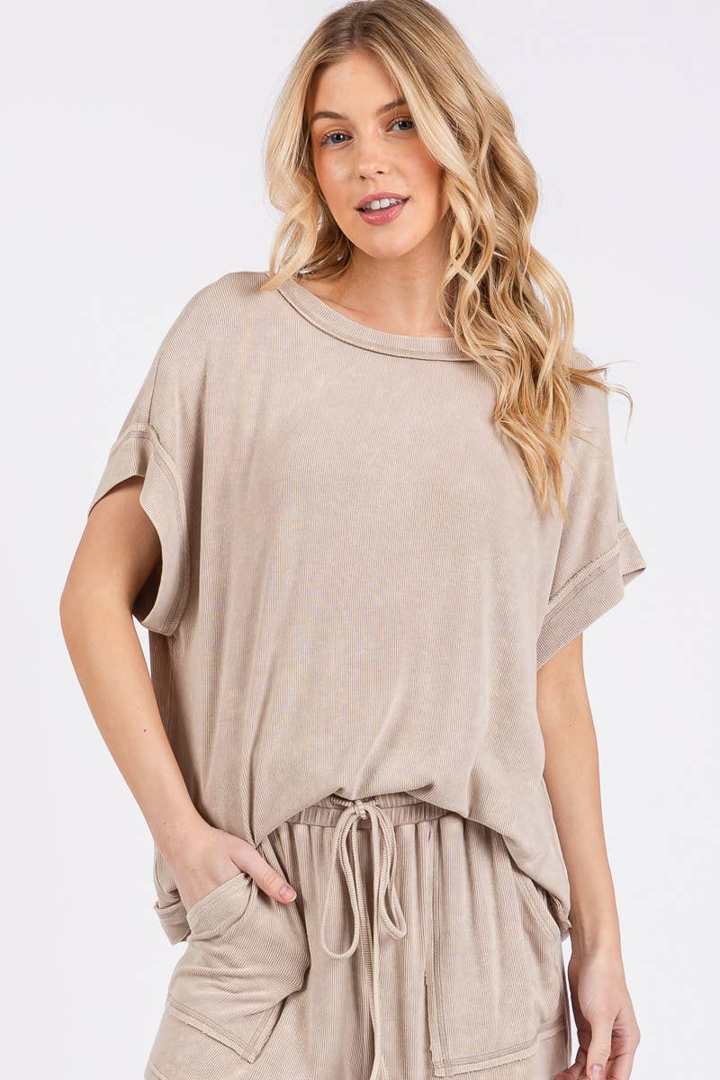 MINERAL WASHED TOP AND SHORTS RIB SET