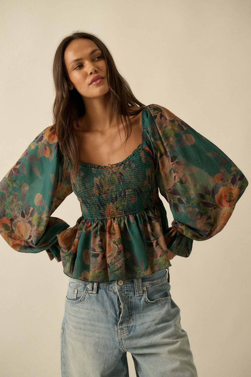 Floral-Print Smocked Sweetheart Peplum Peasant Top