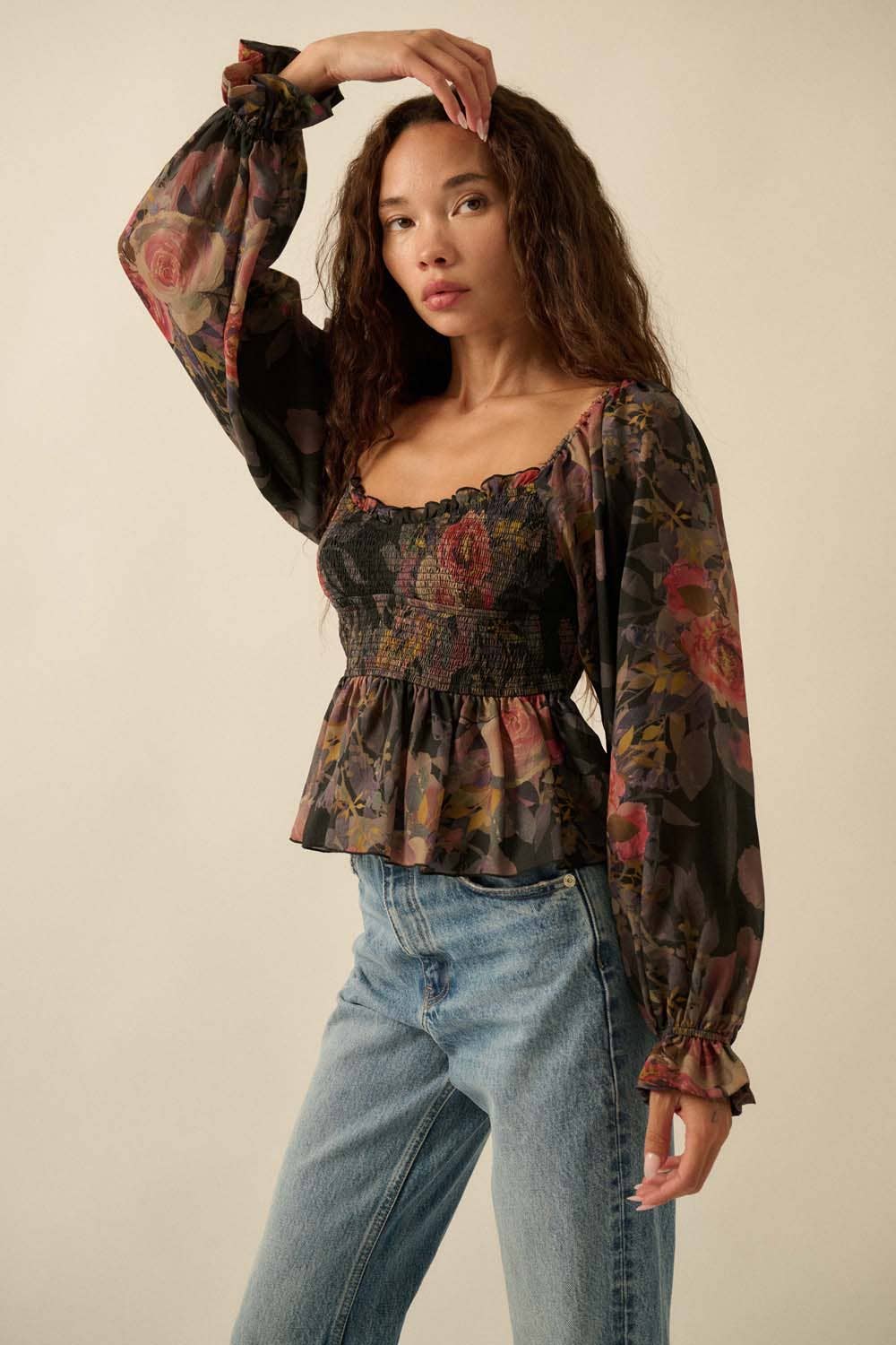 Floral-Print Smocked Sweetheart Peplum Peasant Top
