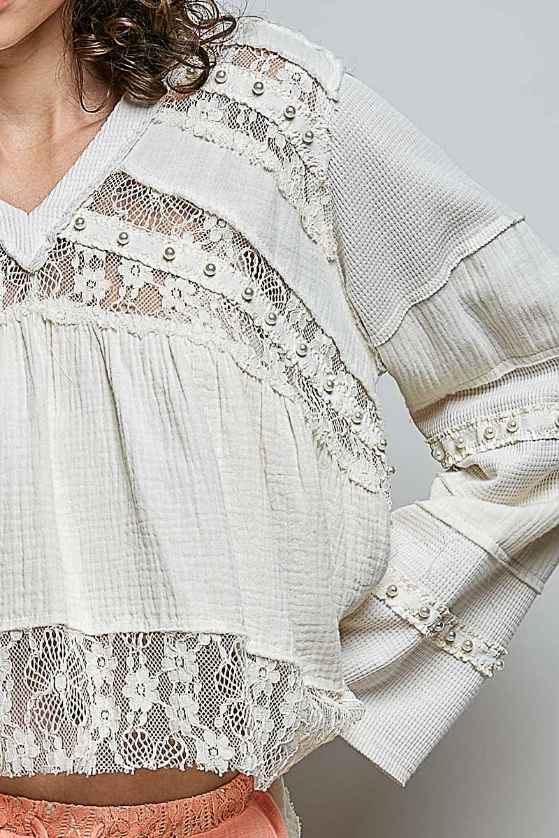V-neck double gauze lace detail A-line woven top
