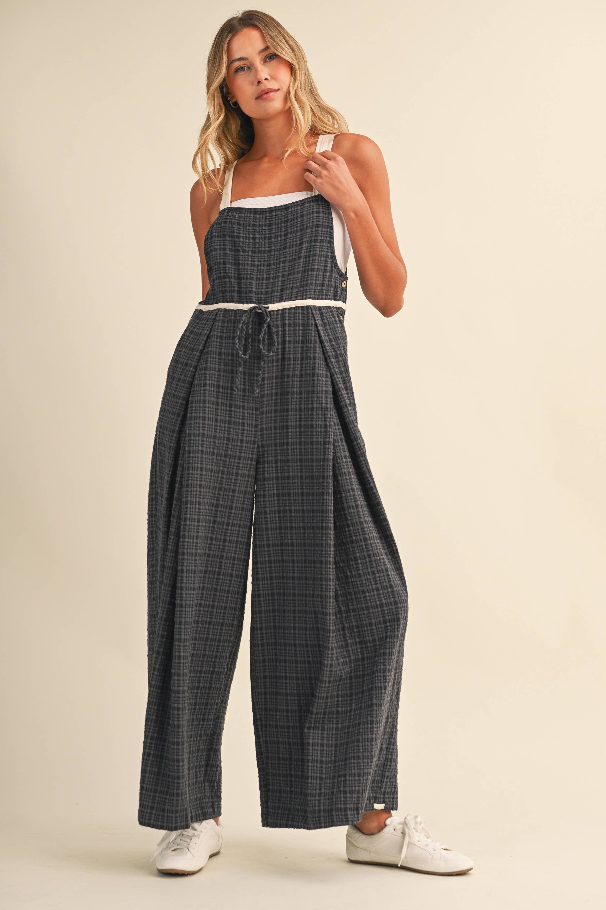 IJP3433 DRAWCORD WAISTLINE PLAID OVERALLS WITH ADJUSTABLE AN