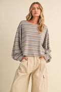 IT4769 MULTI STRIPED OVERSIZED CINCHED CUFF PULL OVER TOP