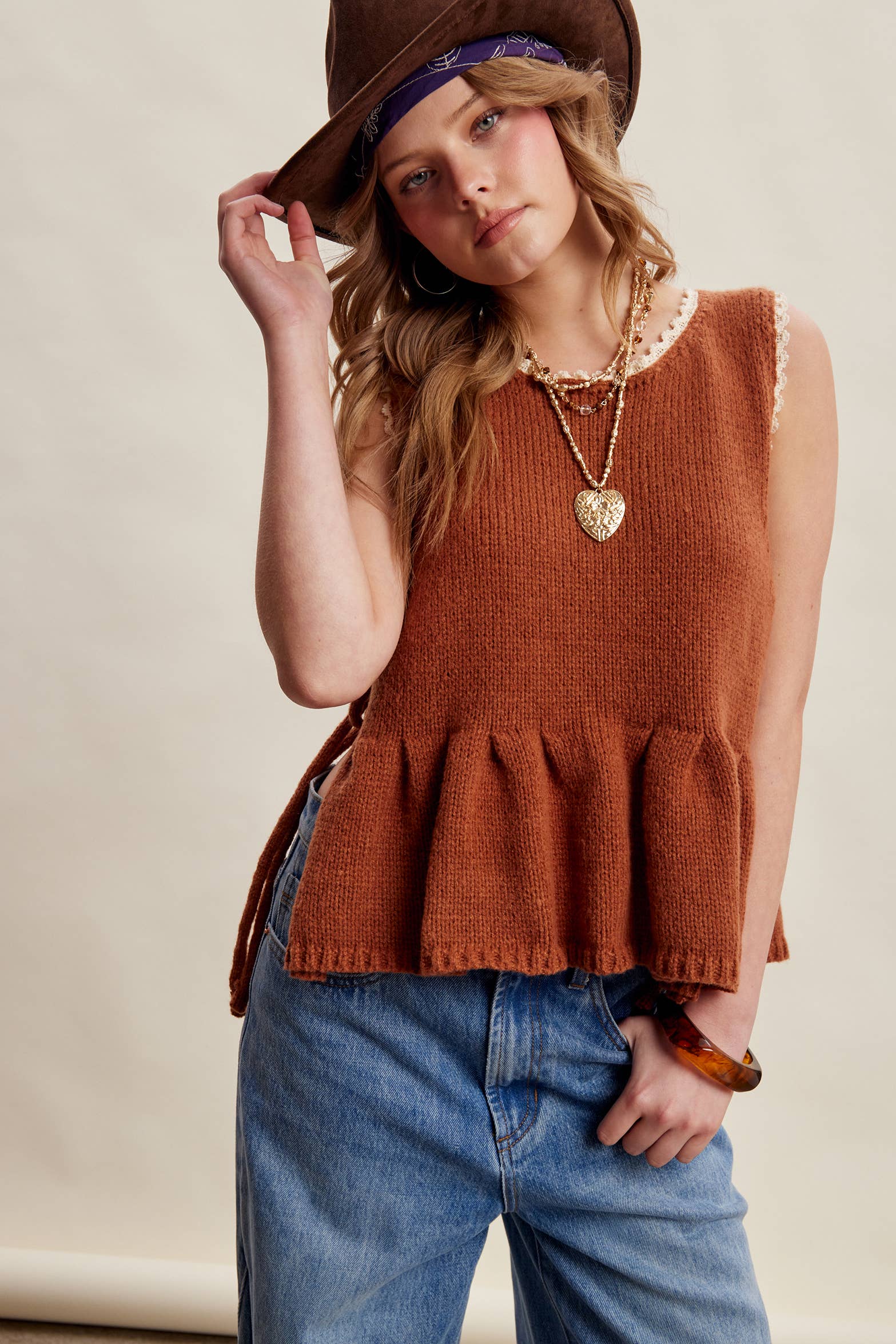 Lace Trim Side Tie Knit Peplum Top LSW1058