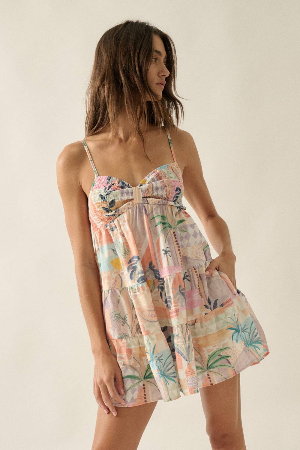 Tropical-Print Smocked Sweetheart Tiered Babydoll Romper