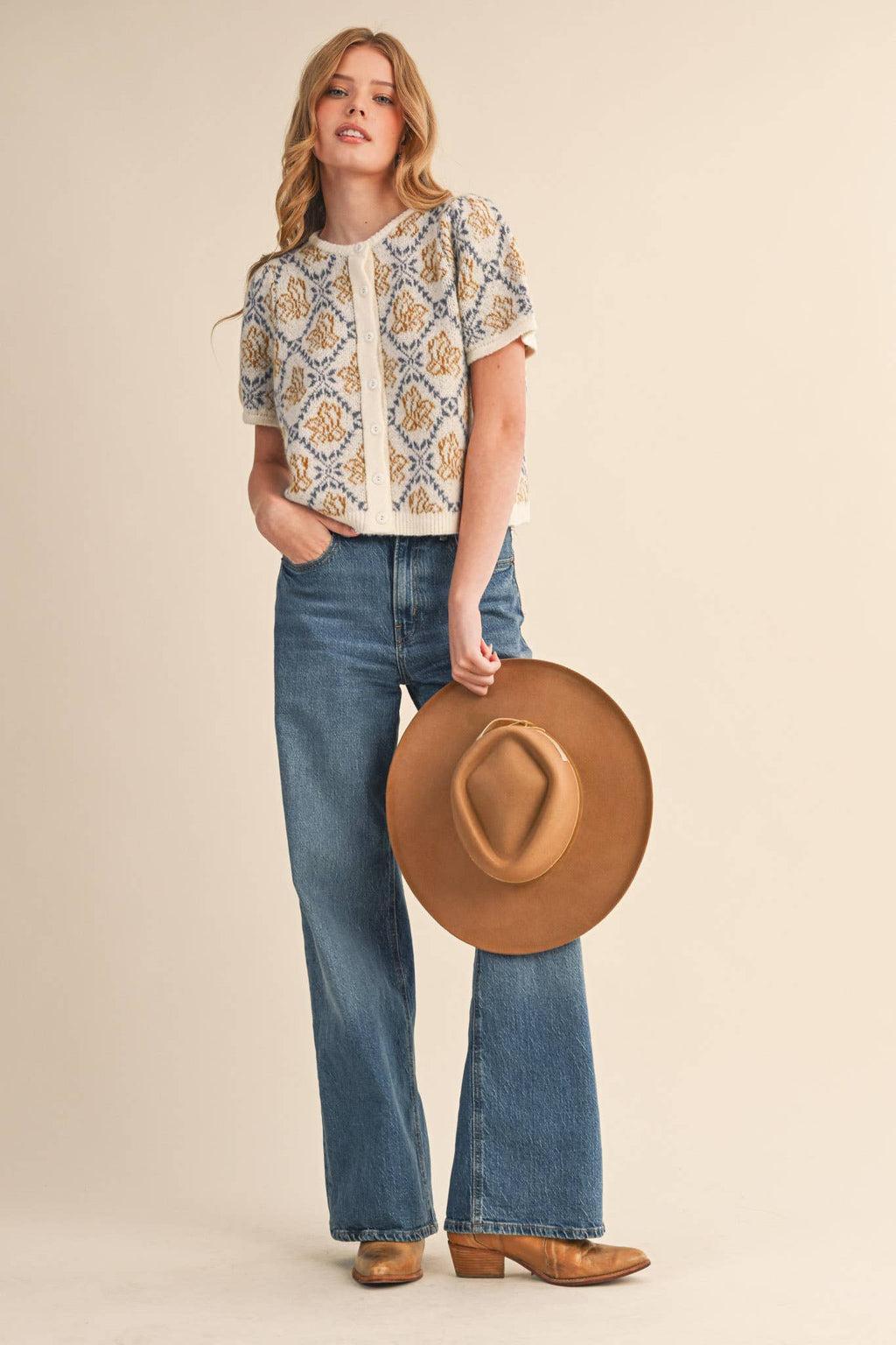 FLORAL SHORT SLEEVE SWEATER CARDIGAN MSW11258