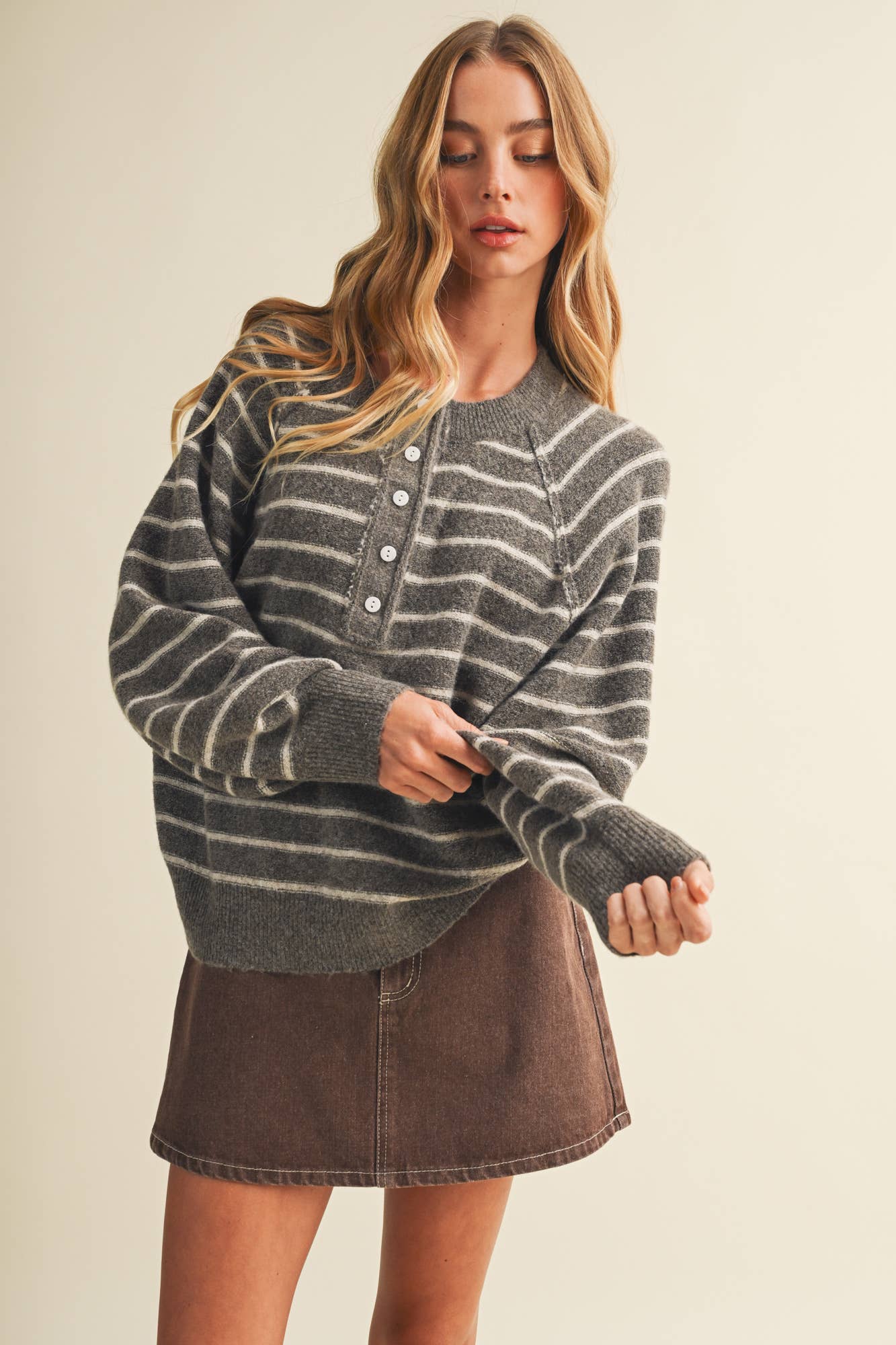 Button-Placket Stripe Knit Pullover