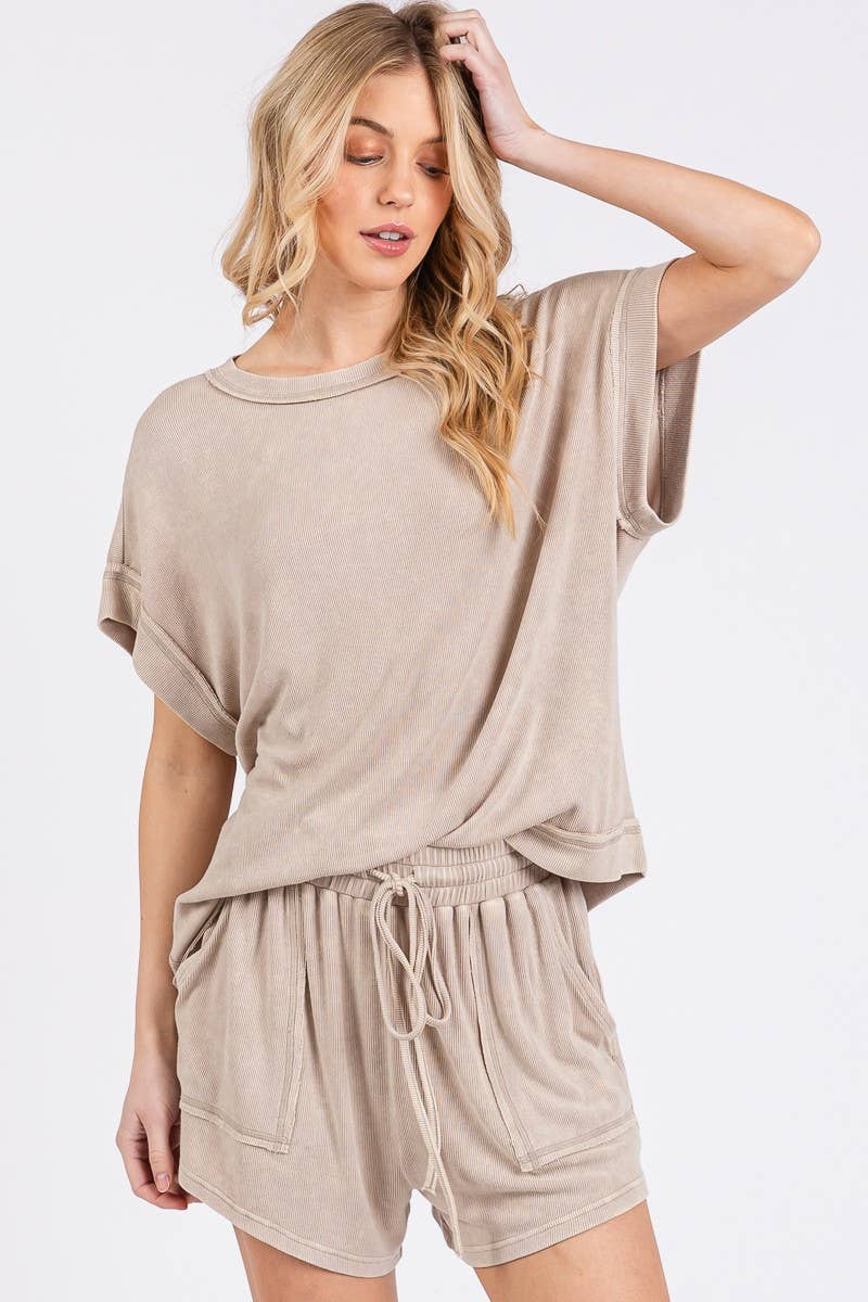 MINERAL WASHED TOP AND SHORTS RIB SET