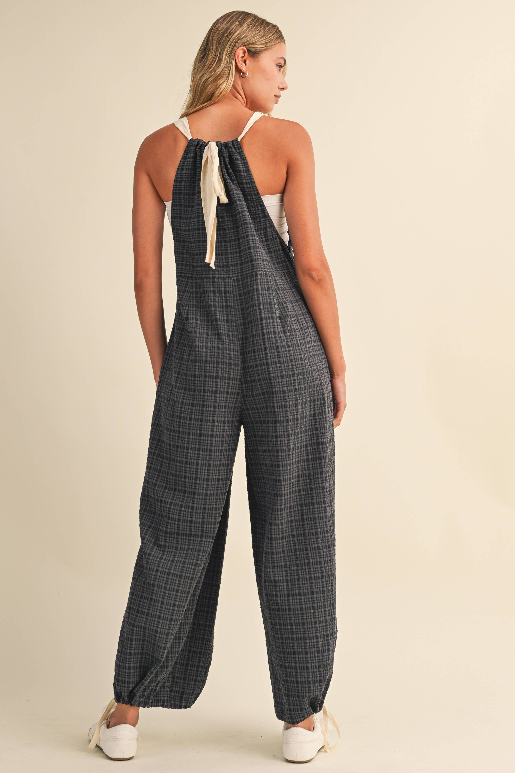 IJP3433 DRAWCORD WAISTLINE PLAID OVERALLS WITH ADJUSTABLE AN