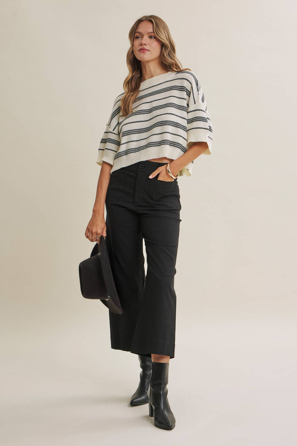 ESSENSE OF WEEKEND STRIPED LINEN COTTON BOXY SWEATER TOP