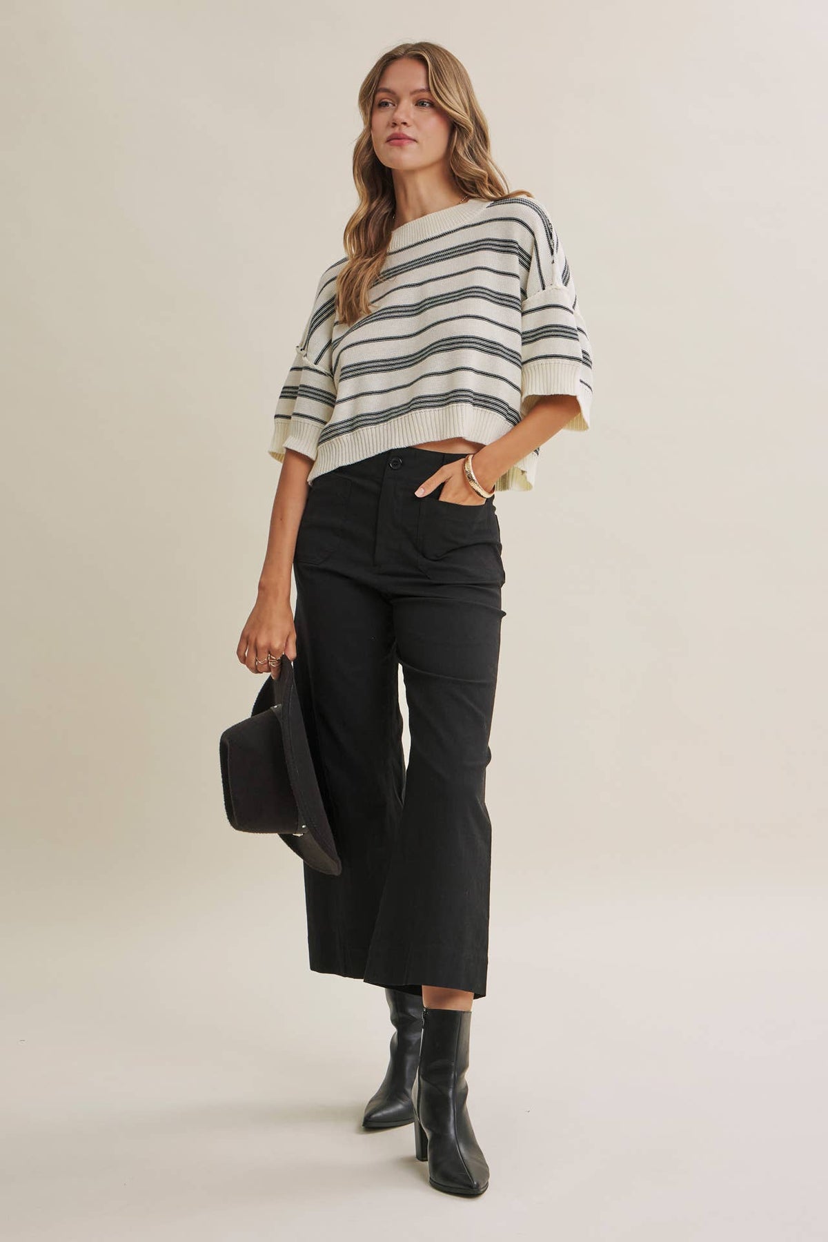 ESSENSE OF WEEKEND STRIPED LINEN COTTON BOXY SWEATER TOP