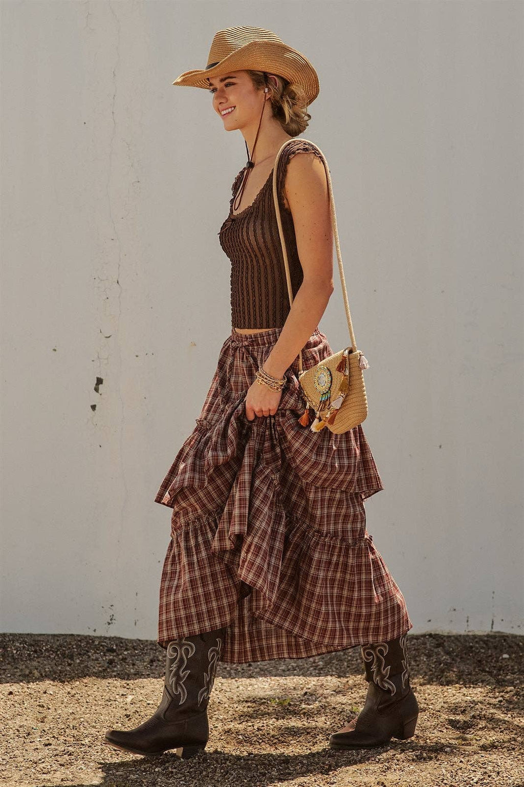 Plaid Tiered Ruffle Cotton Maxi Skirt