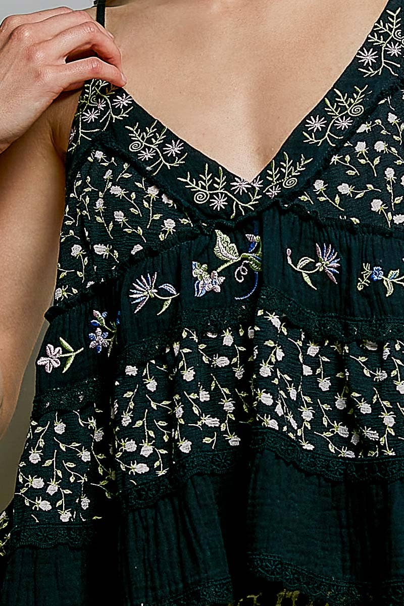 A-body Flared Fit Double Gauze Floral Embroidery Sleeveless