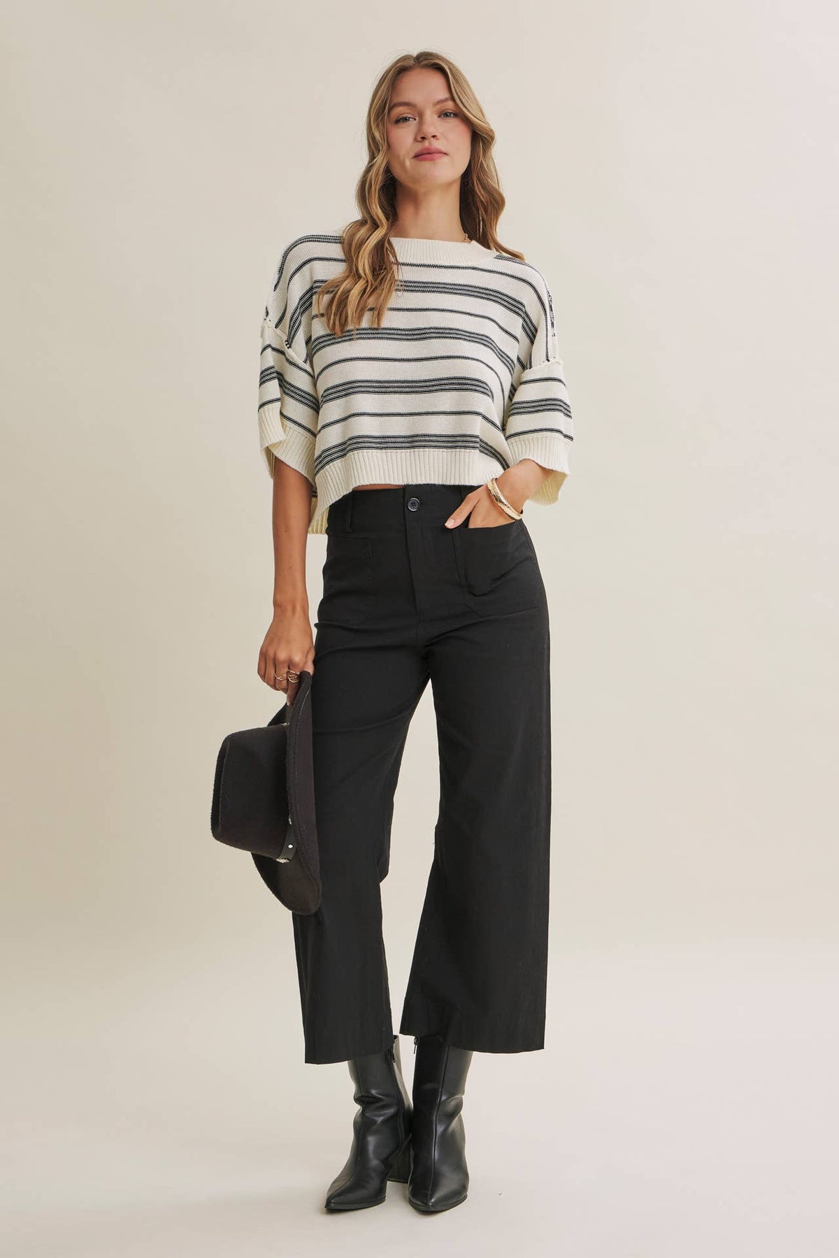 ESSENSE OF WEEKEND STRIPED LINEN COTTON BOXY SWEATER TOP