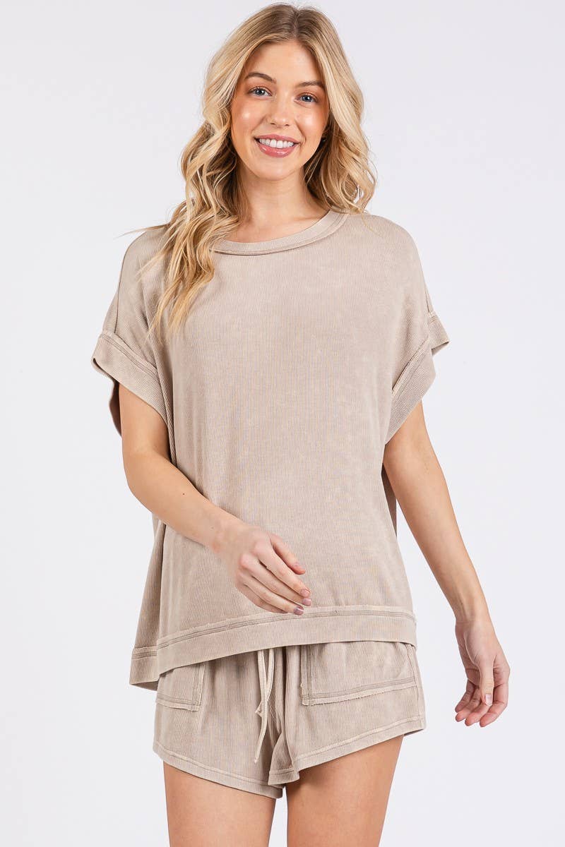 MINERAL WASHED TOP AND SHORTS RIB SET