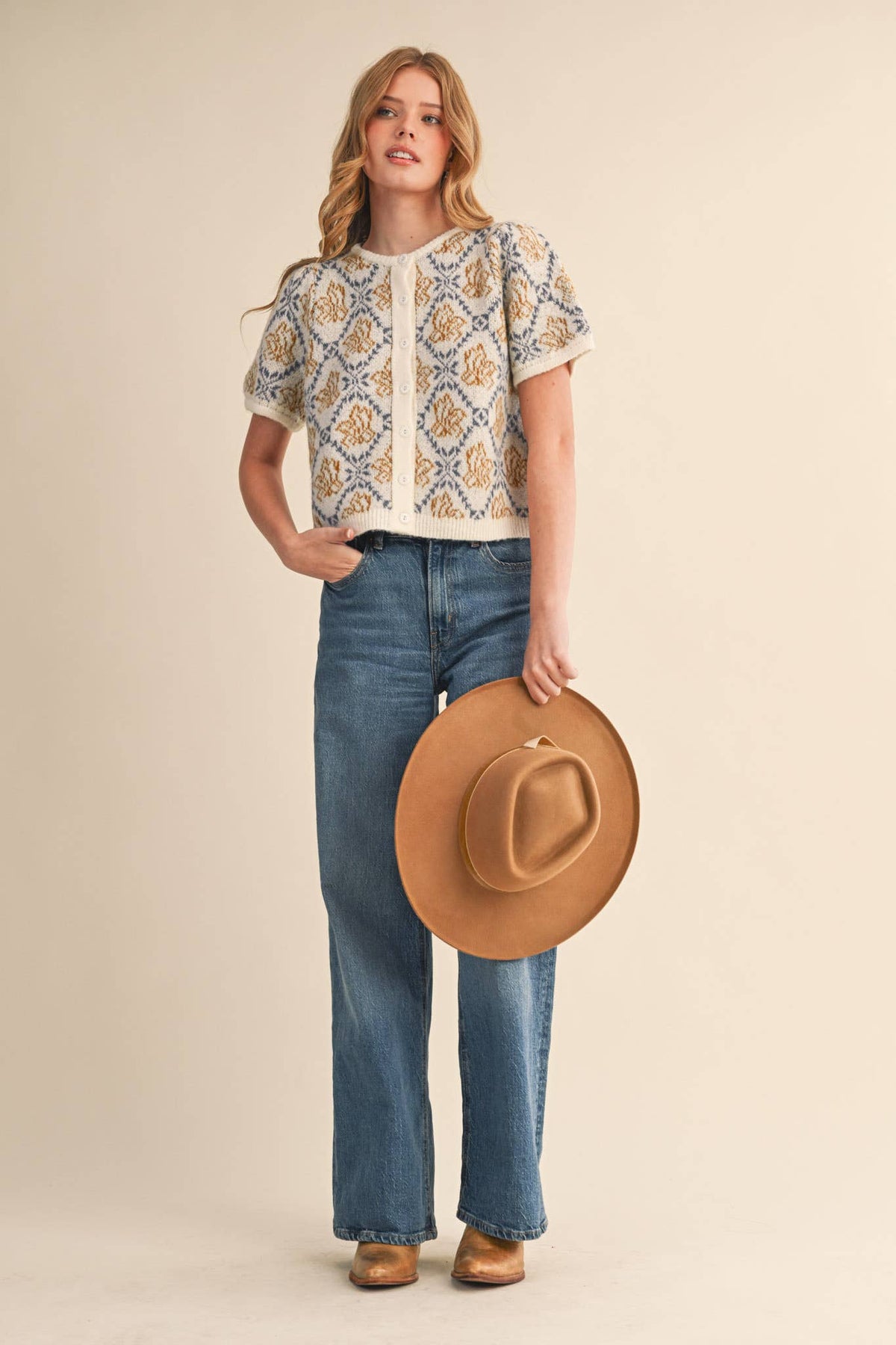 FLORAL SHORT SLEEVE SWEATER CARDIGAN MSW11258