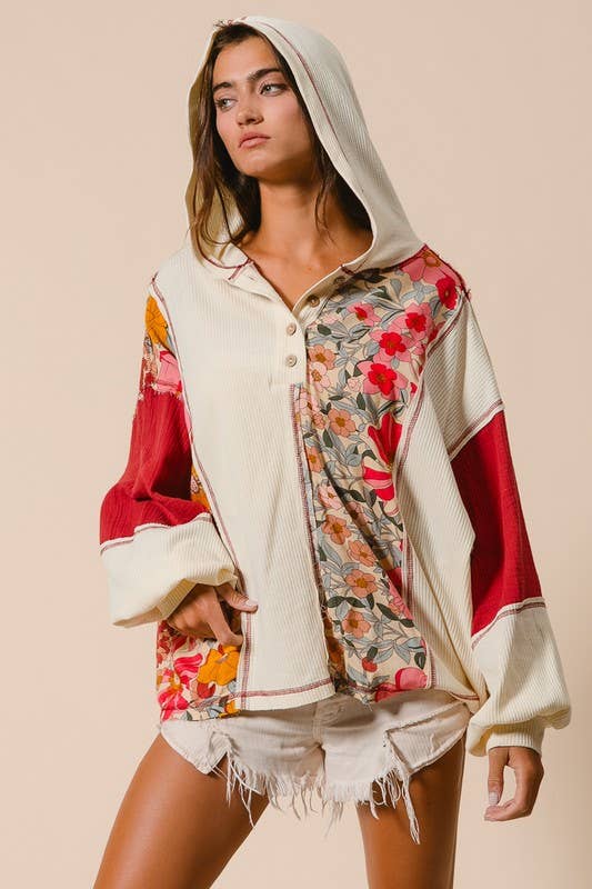 Knit And Print Mixed Hoodie Top