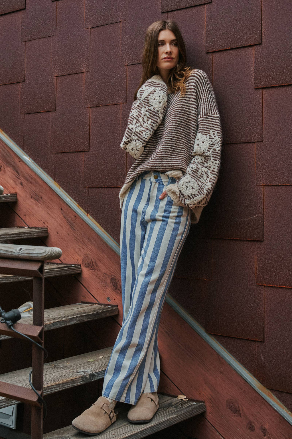 Floral Embroidered Striped Knit Sweater