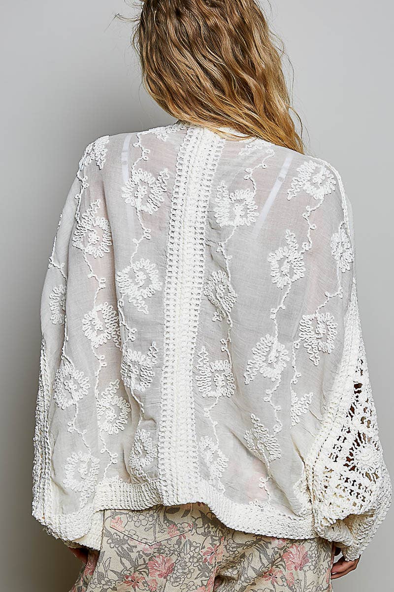 Floral Embroidered Contrast Chenille Crochet Cardigan Top