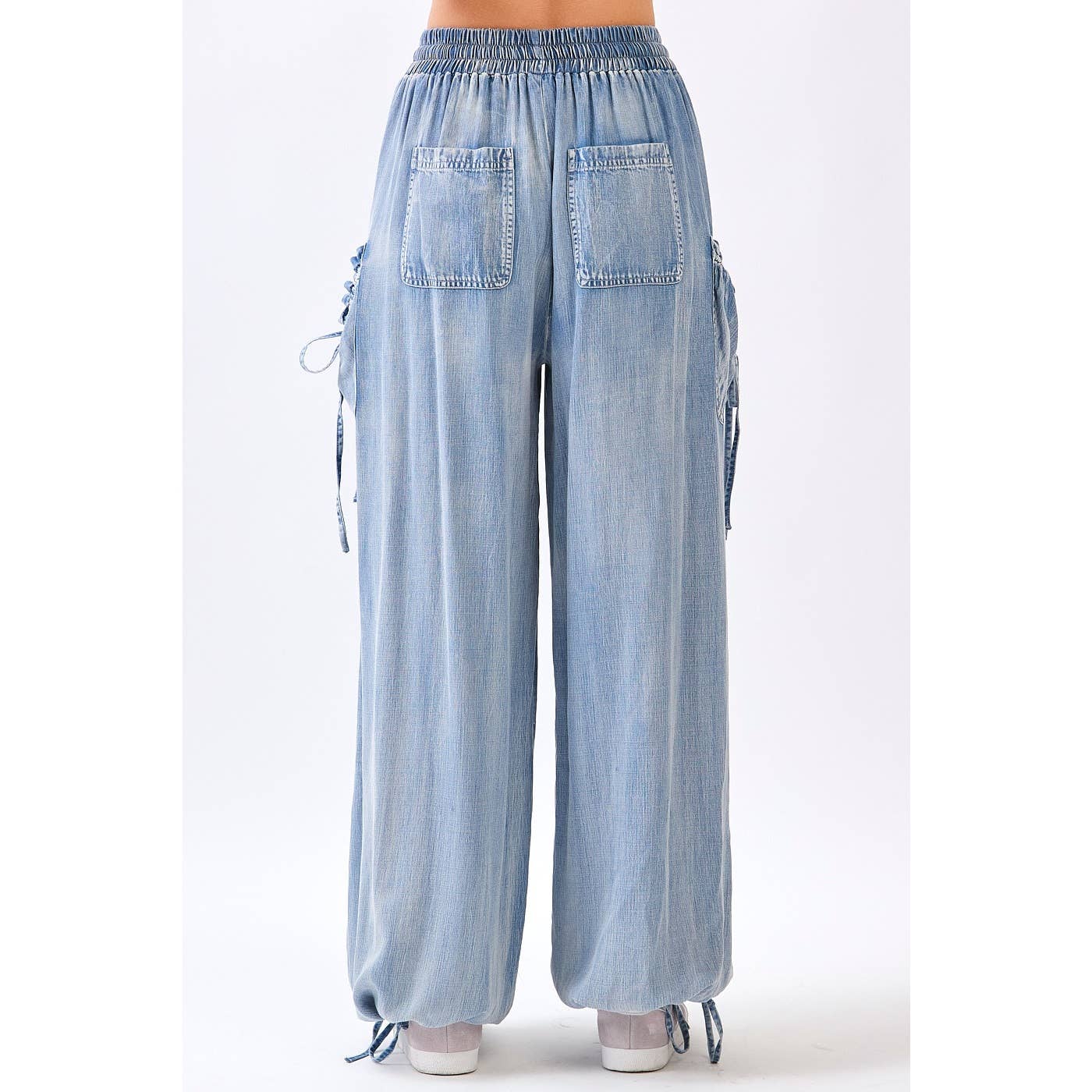 WASHED CHAMBRAY ADJUSTABLE ANKLE DROP POCKET PANTS