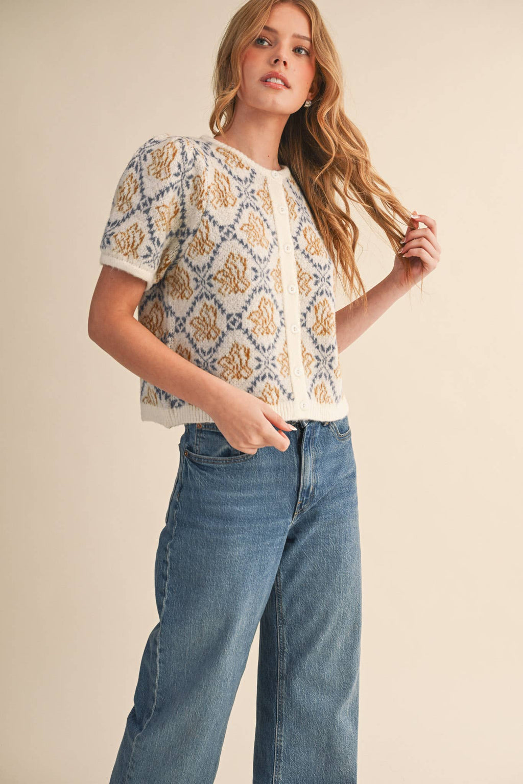 FLORAL SHORT SLEEVE SWEATER CARDIGAN MSW11258