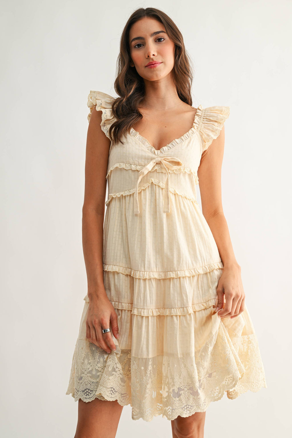 CED26915 Tiered Ruffle Lace Dress
