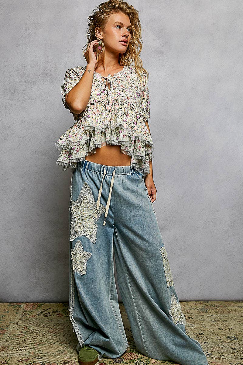 Ruffle Detail Neck Loop Floral Balloon Sleeve Woven Top