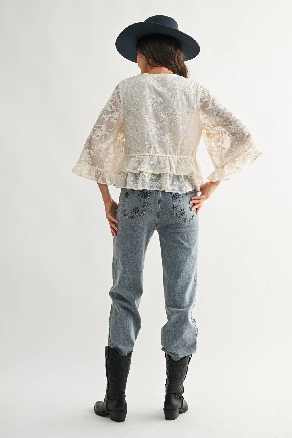 CT10102J Boho Embroidered Sheer Blouse Flowy Bell Sleeves