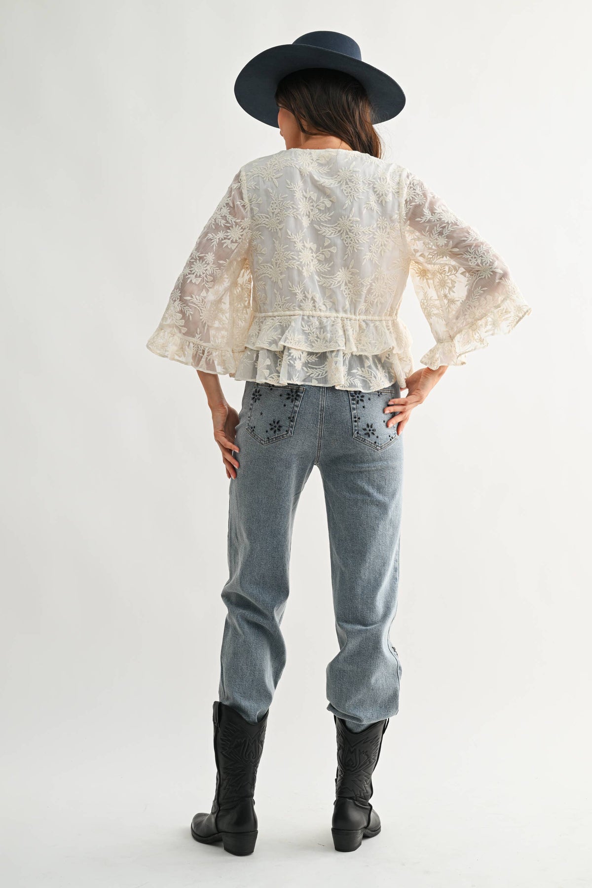 CT10102J Boho Embroidered Sheer Blouse Flowy Bell Sleeves