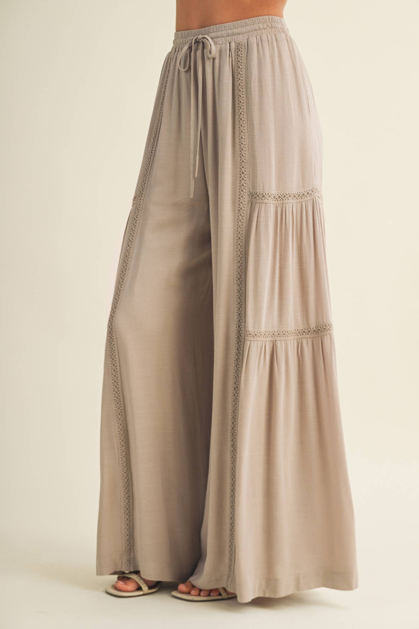 Ladder-Trim Tiered Palazzo Trousers