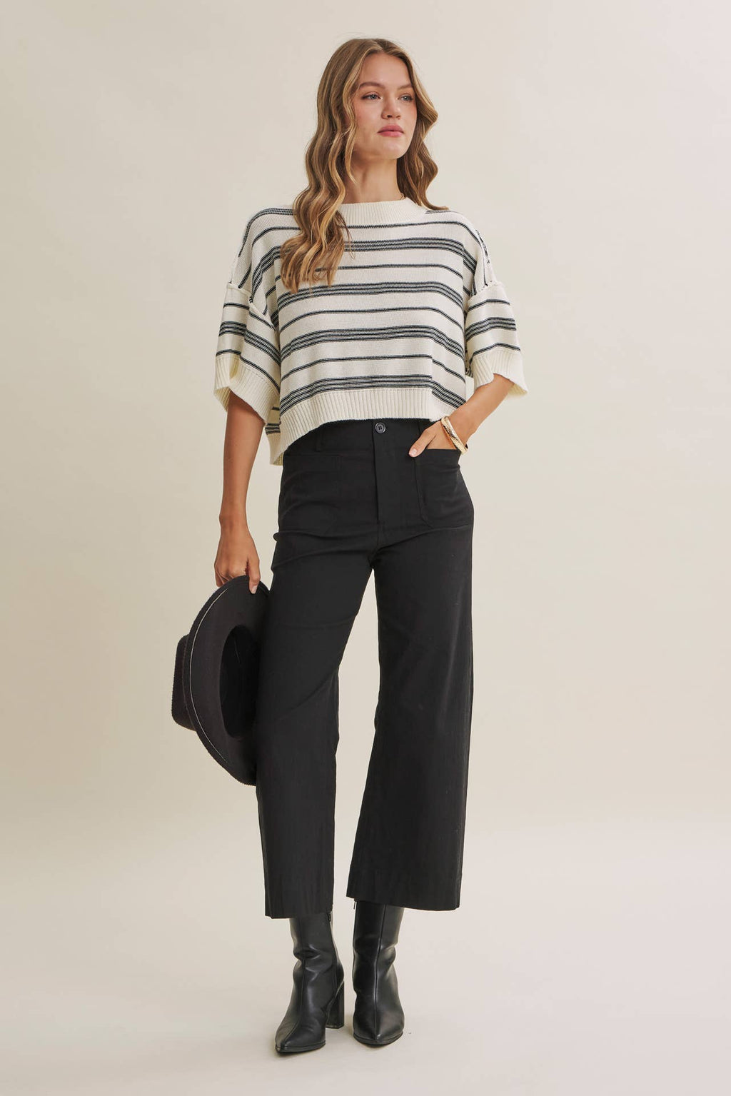 ESSENSE OF WEEKEND STRIPED LINEN COTTON BOXY SWEATER TOP