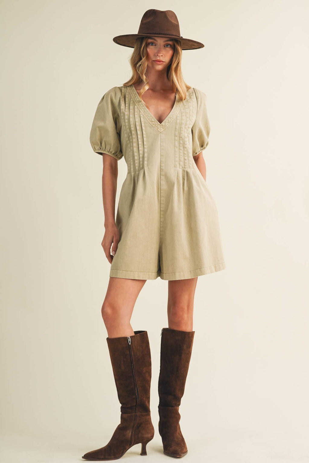 Pintuck V-Neck Puff Sleeve Romper