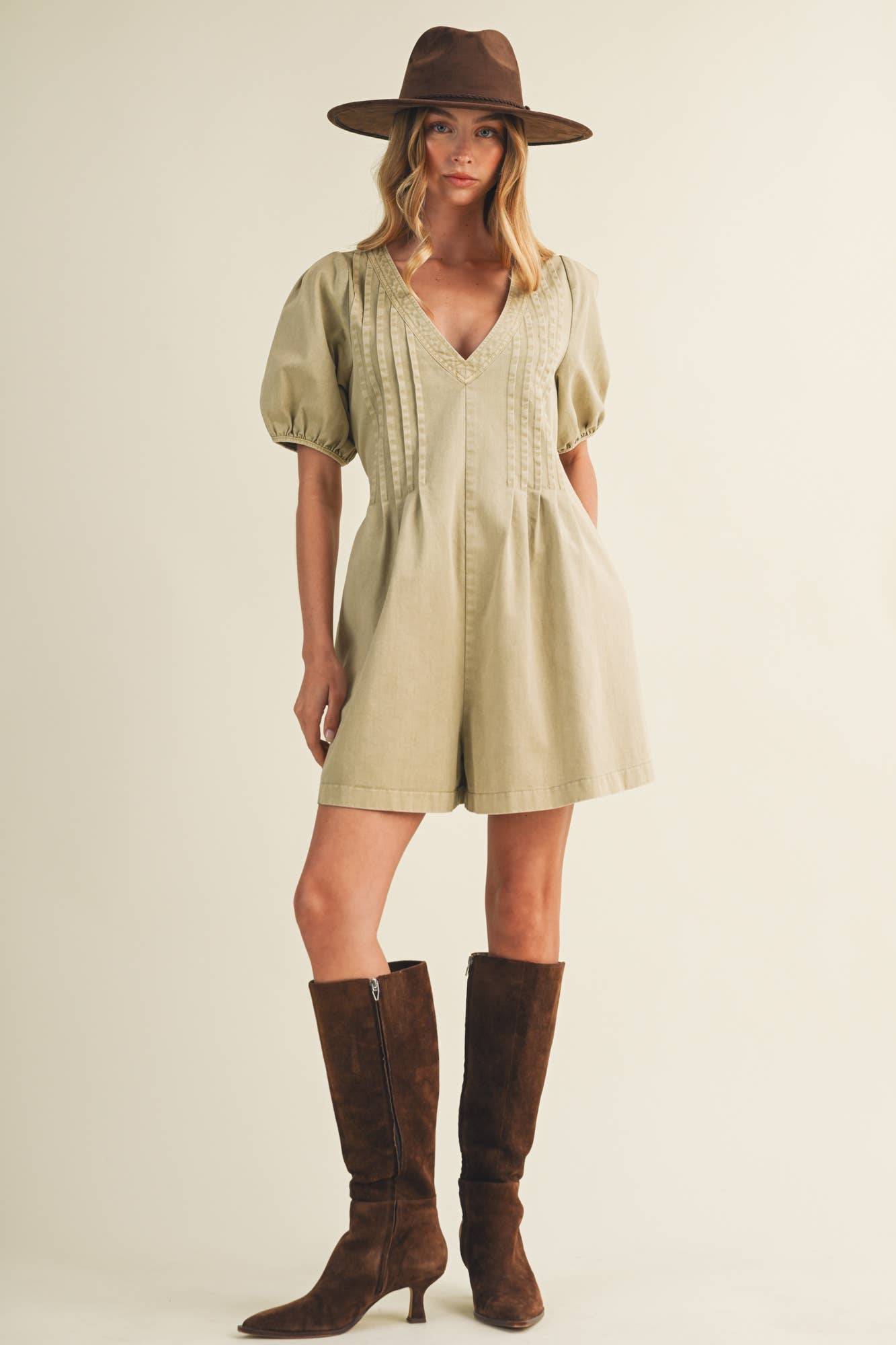 Pintuck V-Neck Puff Sleeve Romper