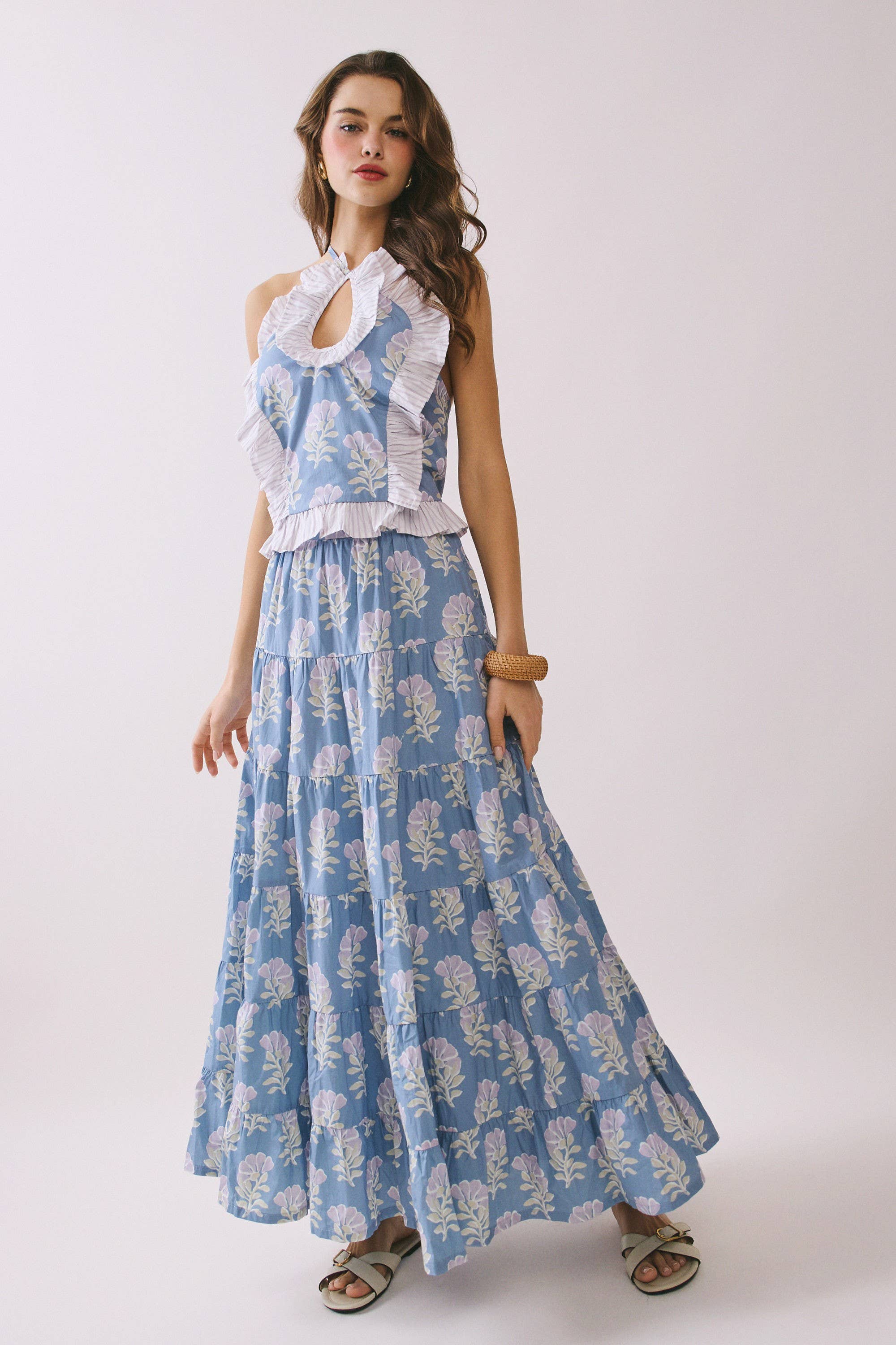 CS3891-Floral Print Multiple Tiers High Rise Maxi Skirt