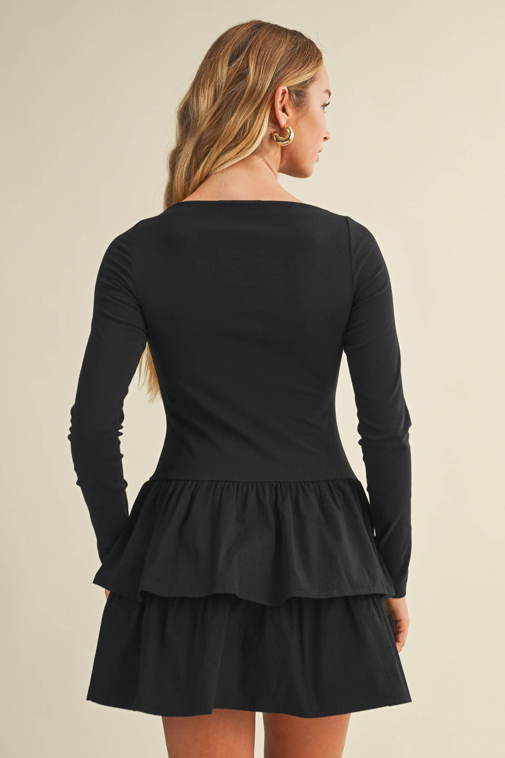 BOAT NECK TIERED RUFFLE DRESS