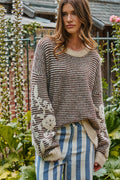 Floral Embroidered Striped Knit Sweater
