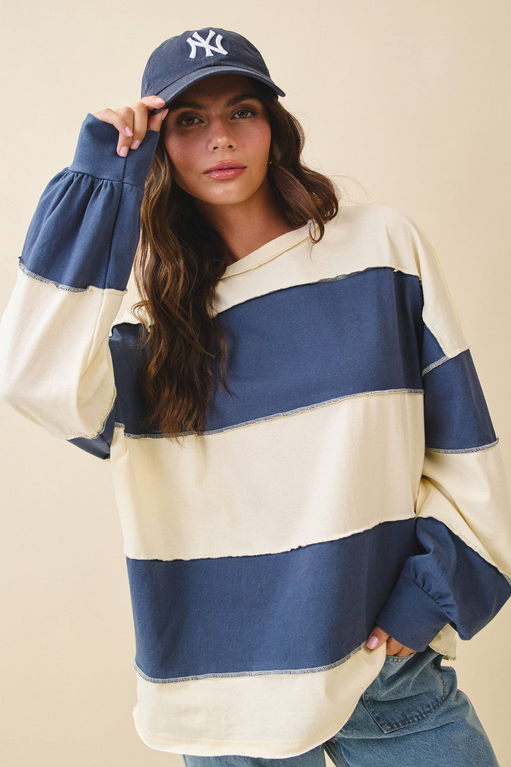 8551GN Oversized Color Block Long Sleeve Pullover