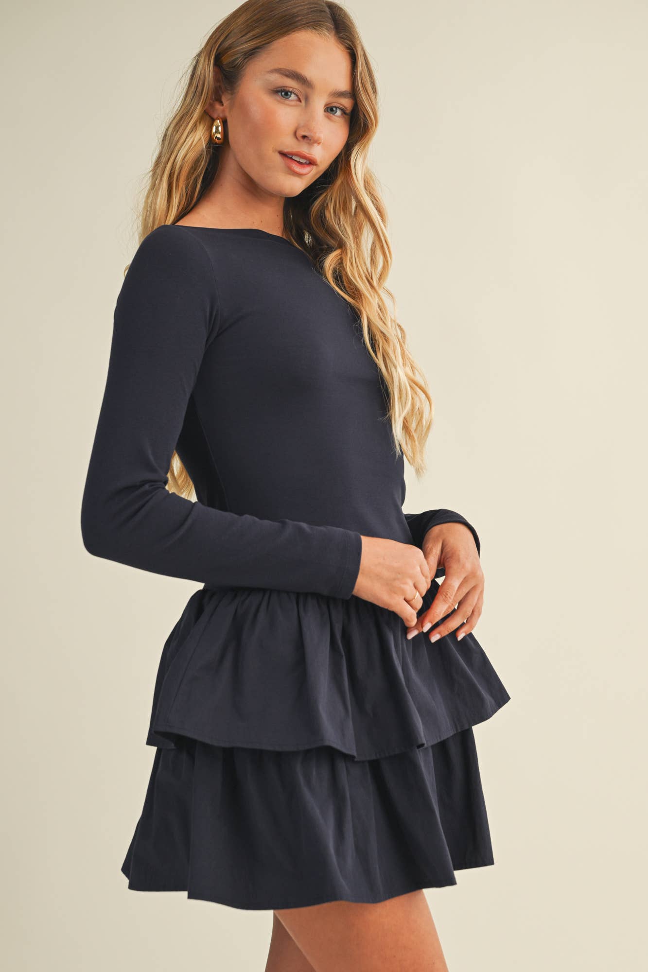 BOAT NECK TIERED RUFFLE DRESS
