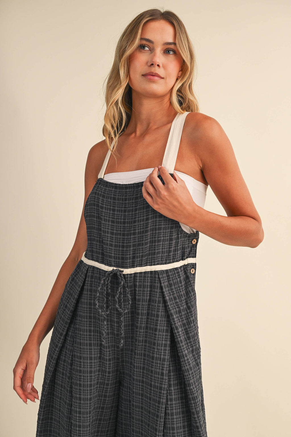 IJP3433 DRAWCORD WAISTLINE PLAID OVERALLS WITH ADJUSTABLE AN