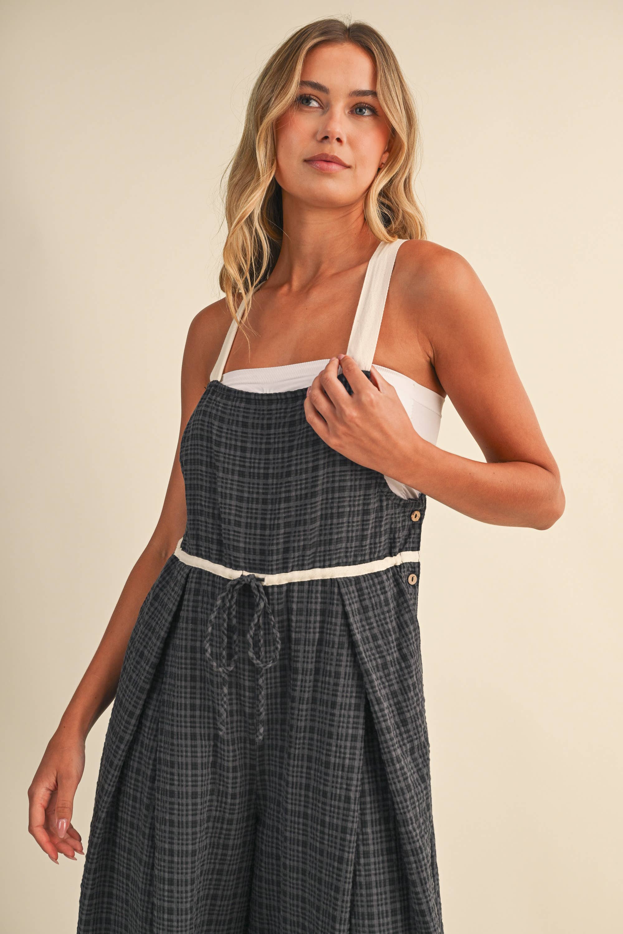 IJP3433 DRAWCORD WAISTLINE PLAID OVERALLS WITH ADJUSTABLE AN