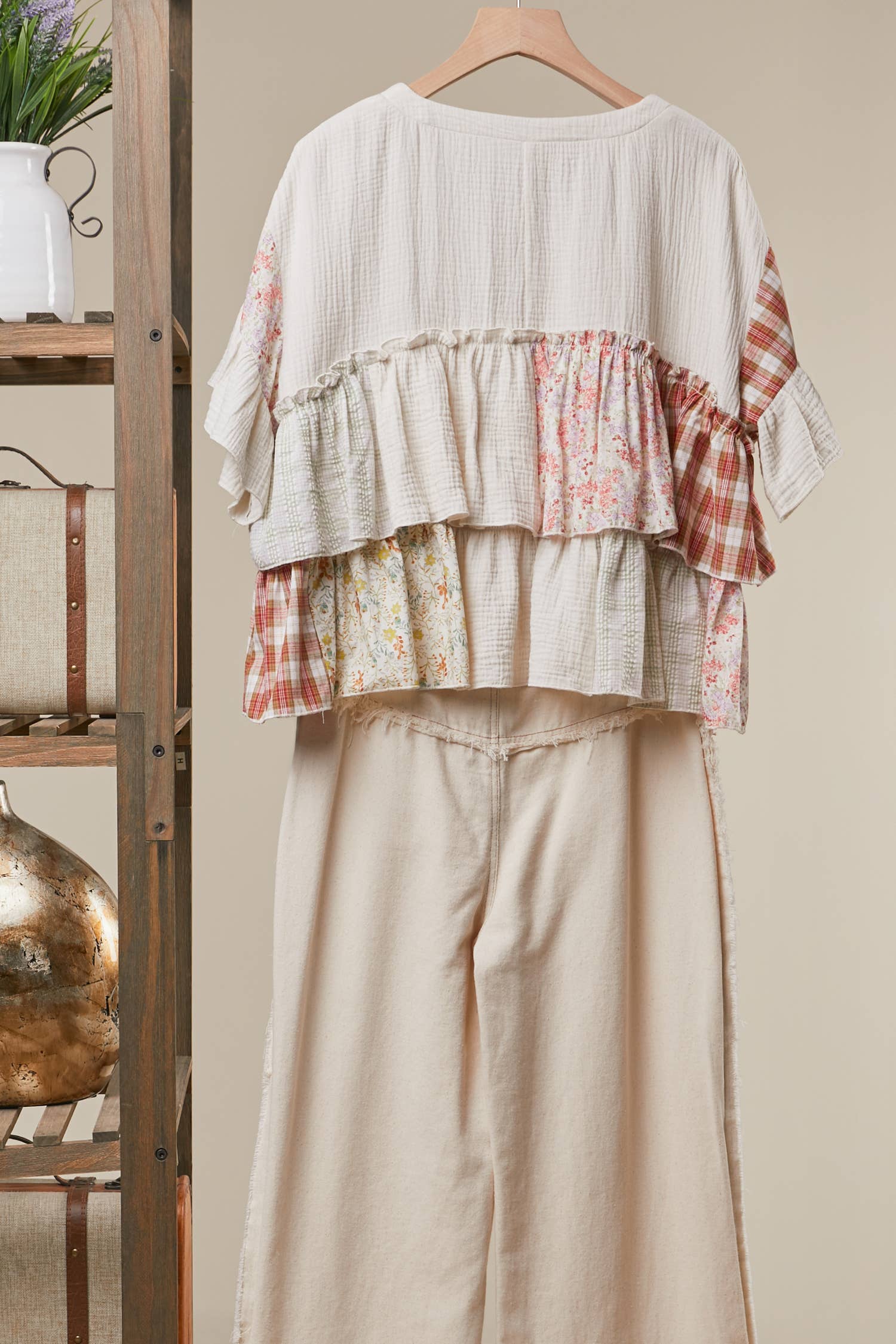 Vintage Patchwork Ruffle Hem Top