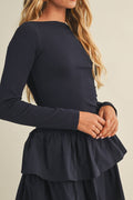 BOAT NECK TIERED RUFFLE DRESS