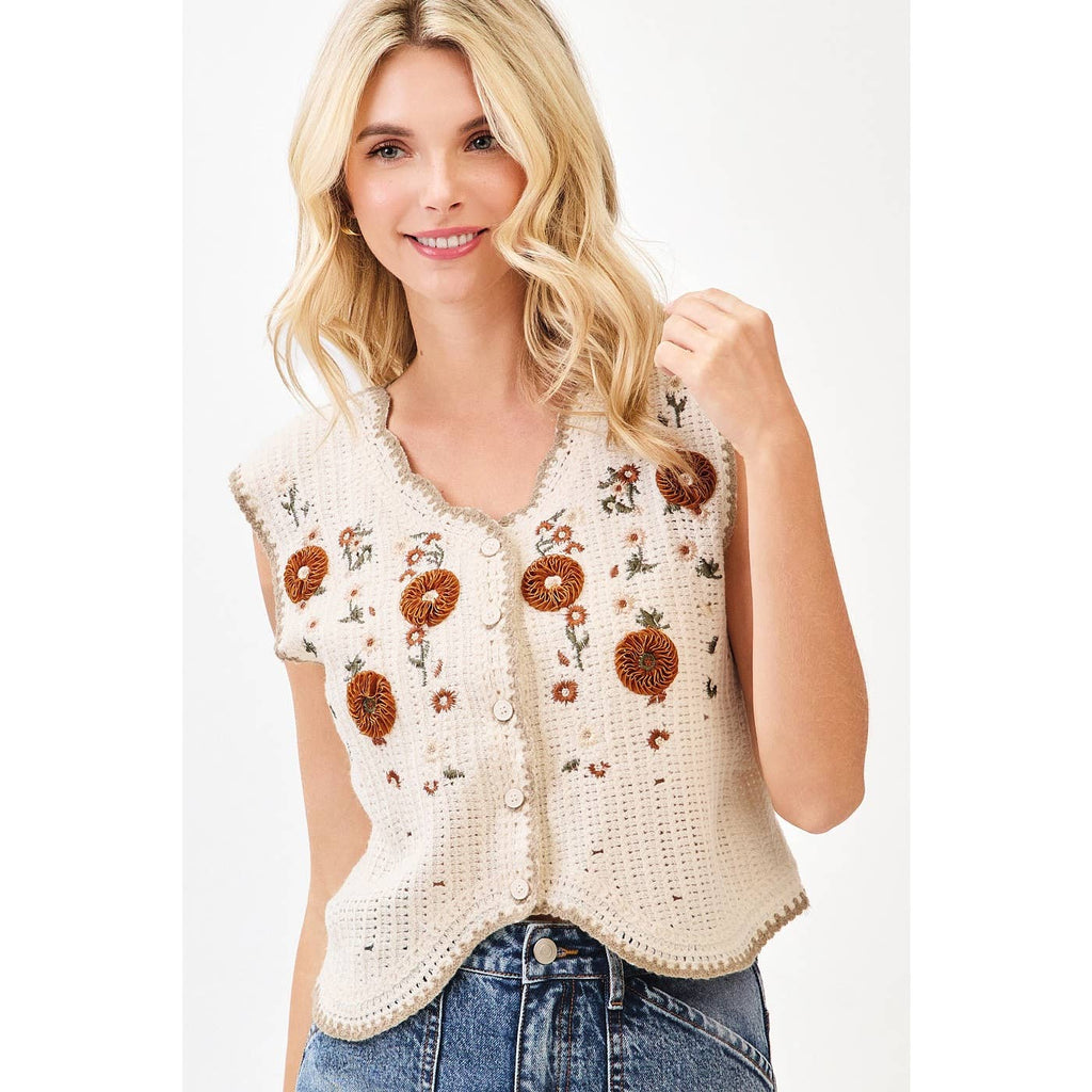 FLORAL EMBROIDERY SLEEVELESS VEST CROCHET TOP