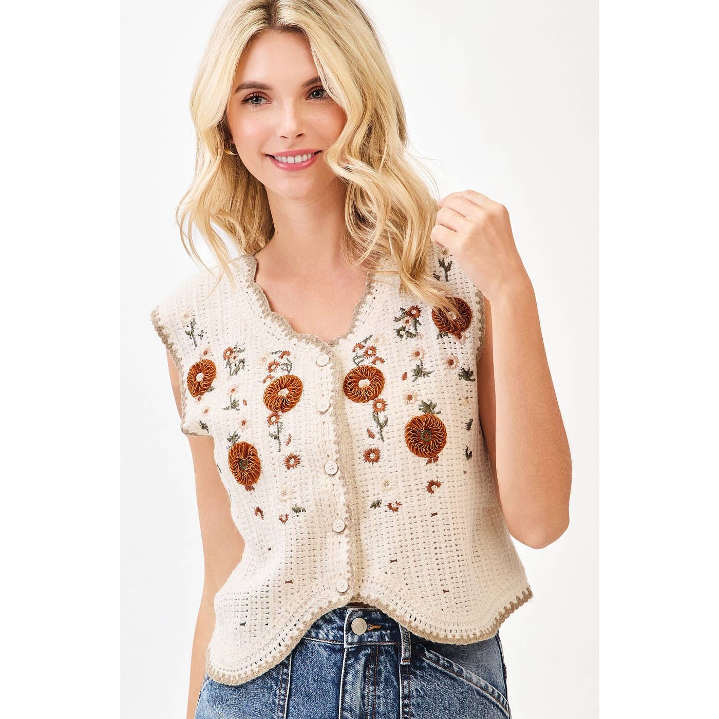 FLORAL EMBROIDERY SLEEVELESS VEST CROCHET TOP