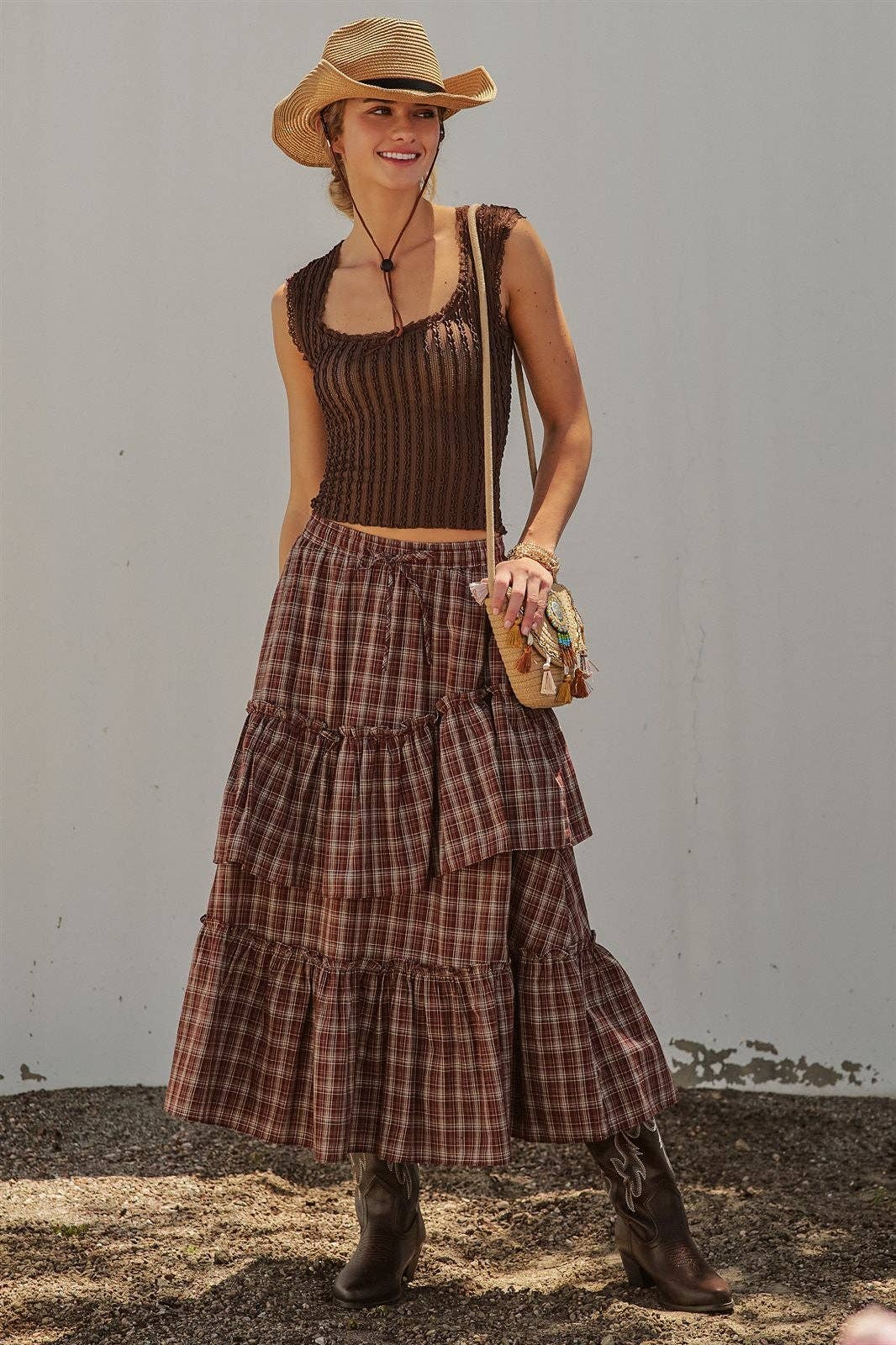 Plaid Tiered Ruffle Cotton Maxi Skirt
