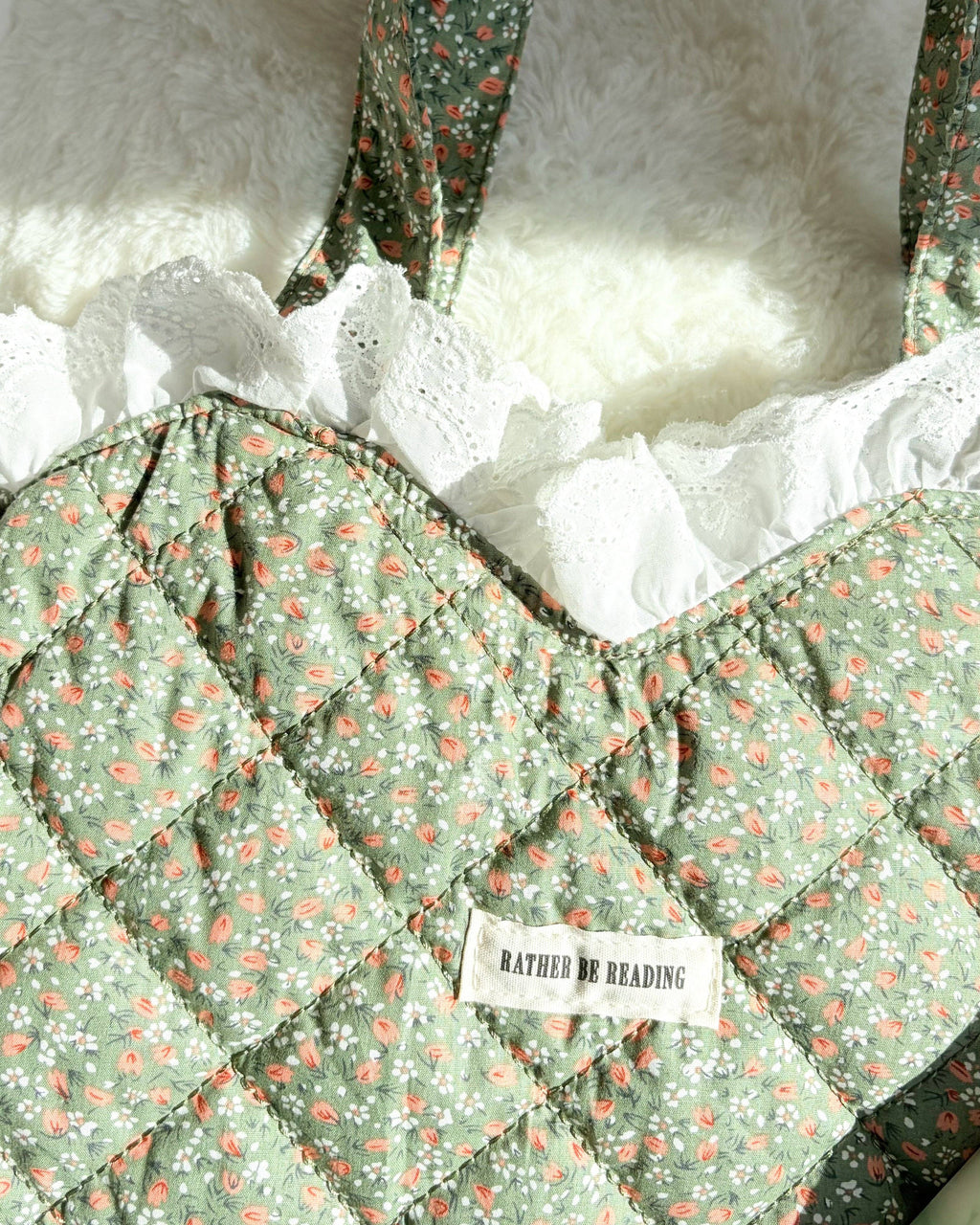 Rather Be Reading Green Quilted Heart Tote Bag with Ruffled Lace Trimming