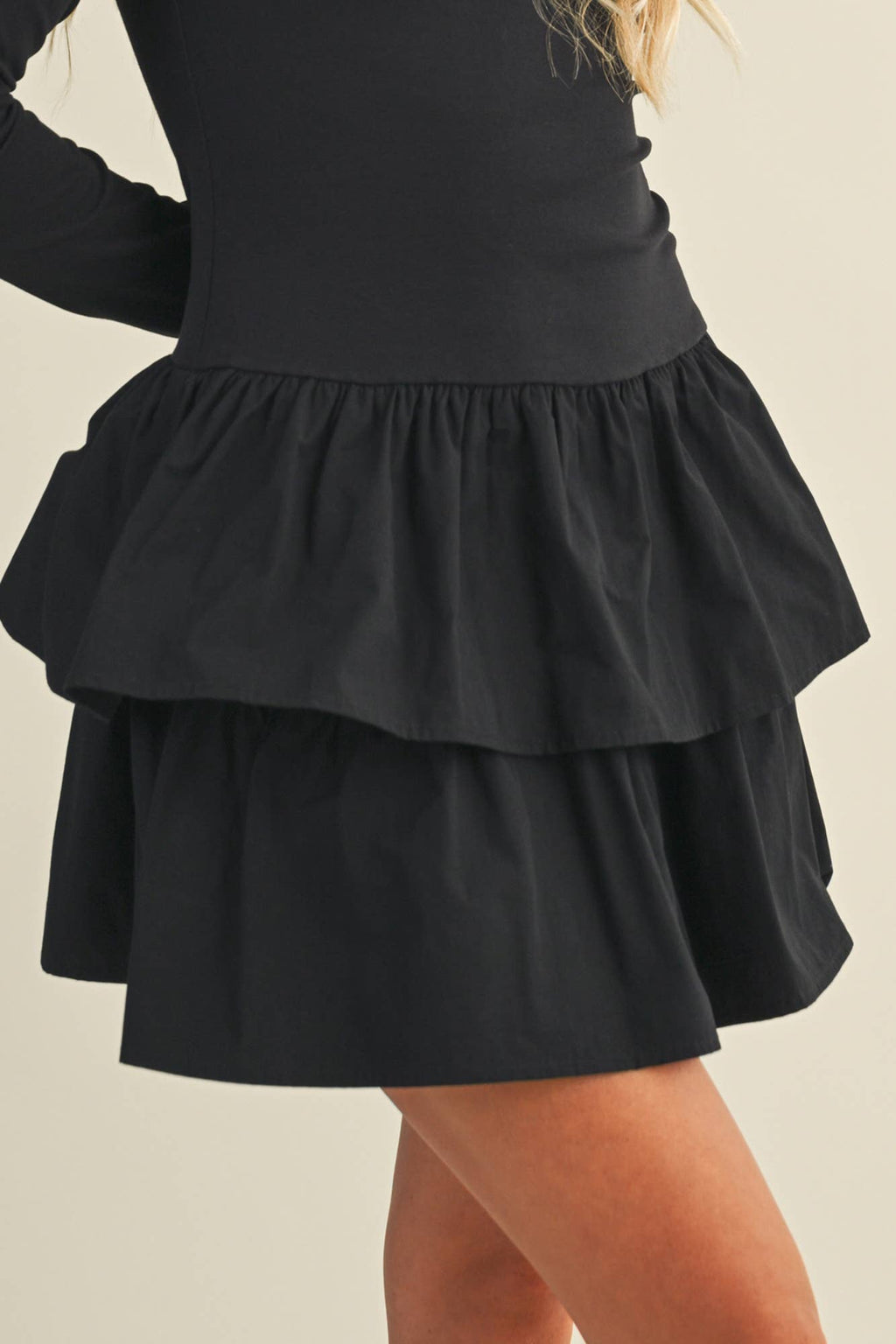 BOAT NECK TIERED RUFFLE DRESS
