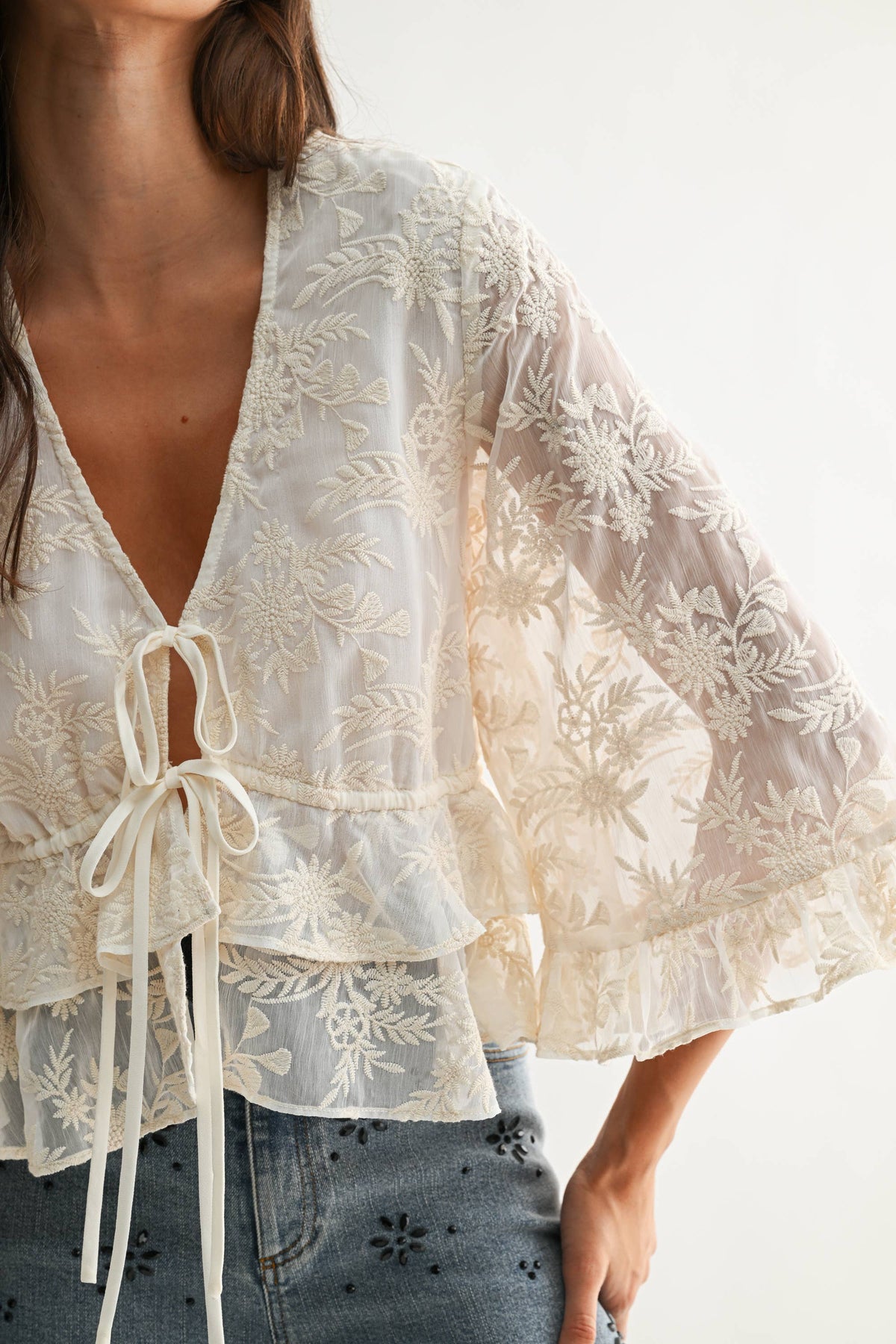 CT10102J Boho Embroidered Sheer Blouse Flowy Bell Sleeves